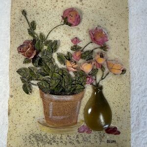 Cheri Blum 3D Floral Wall Art Plaque 6”x4.5” Textured Ceramic Tile Flower Design